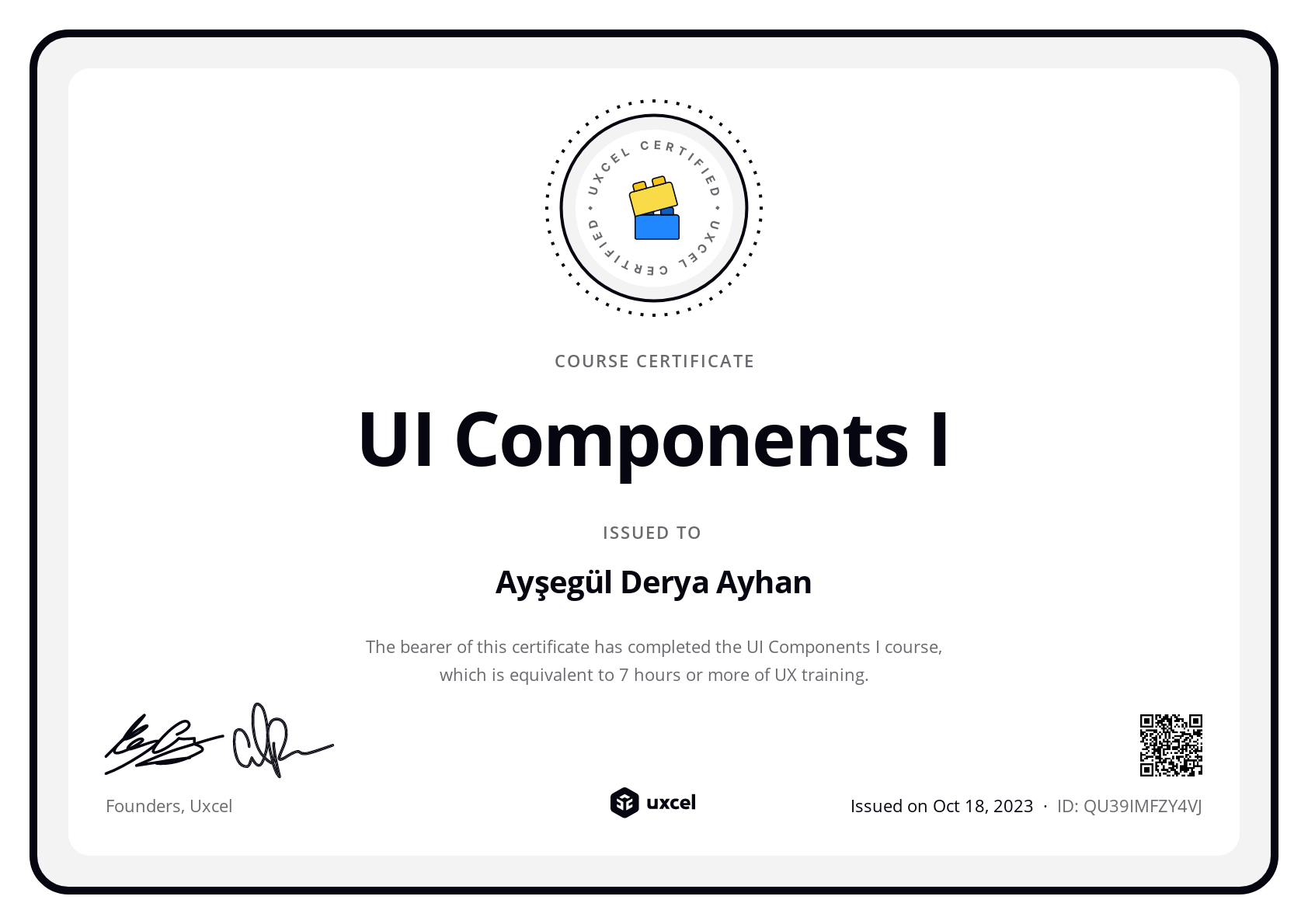 Ayşegül Derya Ayhan's certificate